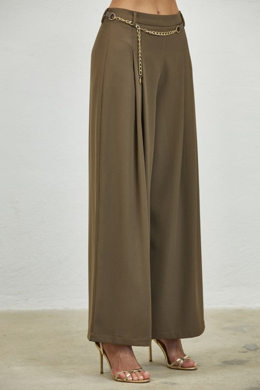 Double Breasted Short Sleeve Woven Jacket Pleated Wide Pants With Gold Chain Belt Set (Pre order)