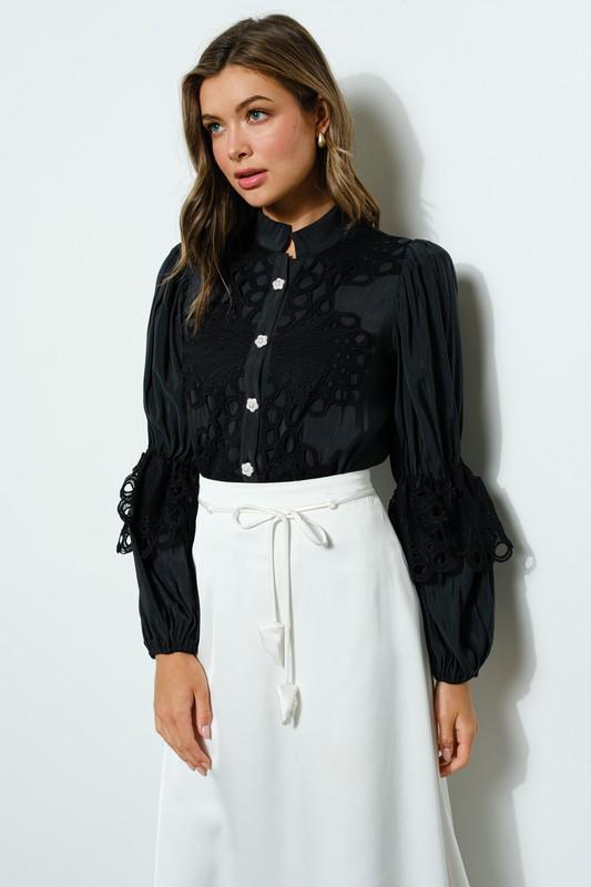 Black Lace Puff Sleeve Blouse