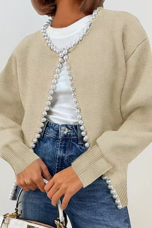 Taupe Sweater Pearl Trim