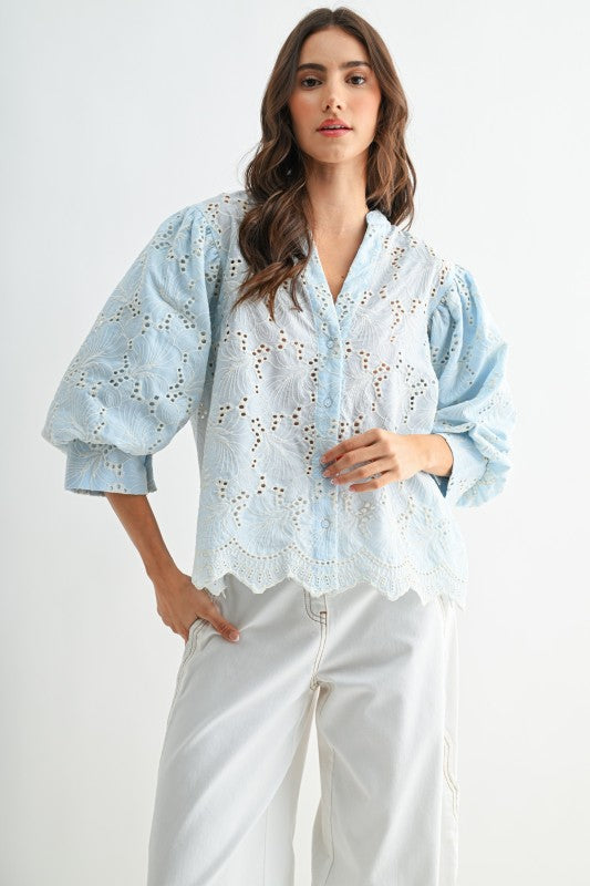 Embroidered Cotton Eyelet Blouse Puff Sleeves(Pre order) (02/13/26)