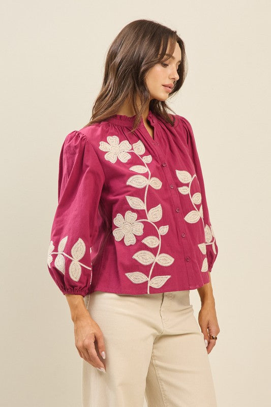 Embroidered Magenta Cotton Blouse (Pre order)