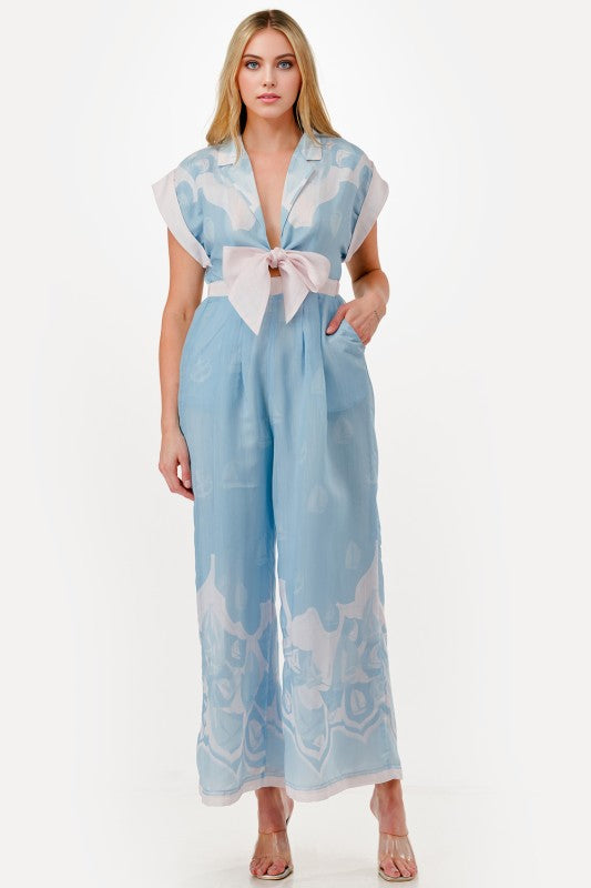 Light Blue Print Wide Leg Print Jumpsuit(Pre order)
