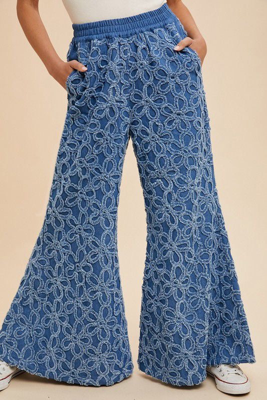 FLOWER CHENILLE DENIM WIDE PALAZZO PANTS