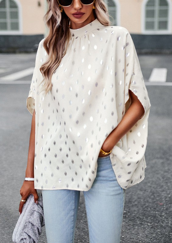 Mock neck 3/4 sleeves white dots top