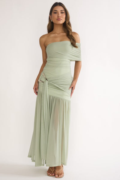 Asymmetrical Sage Mesh Maxi Dress(Pre order)30 Mayo – Li Fashion Specialist