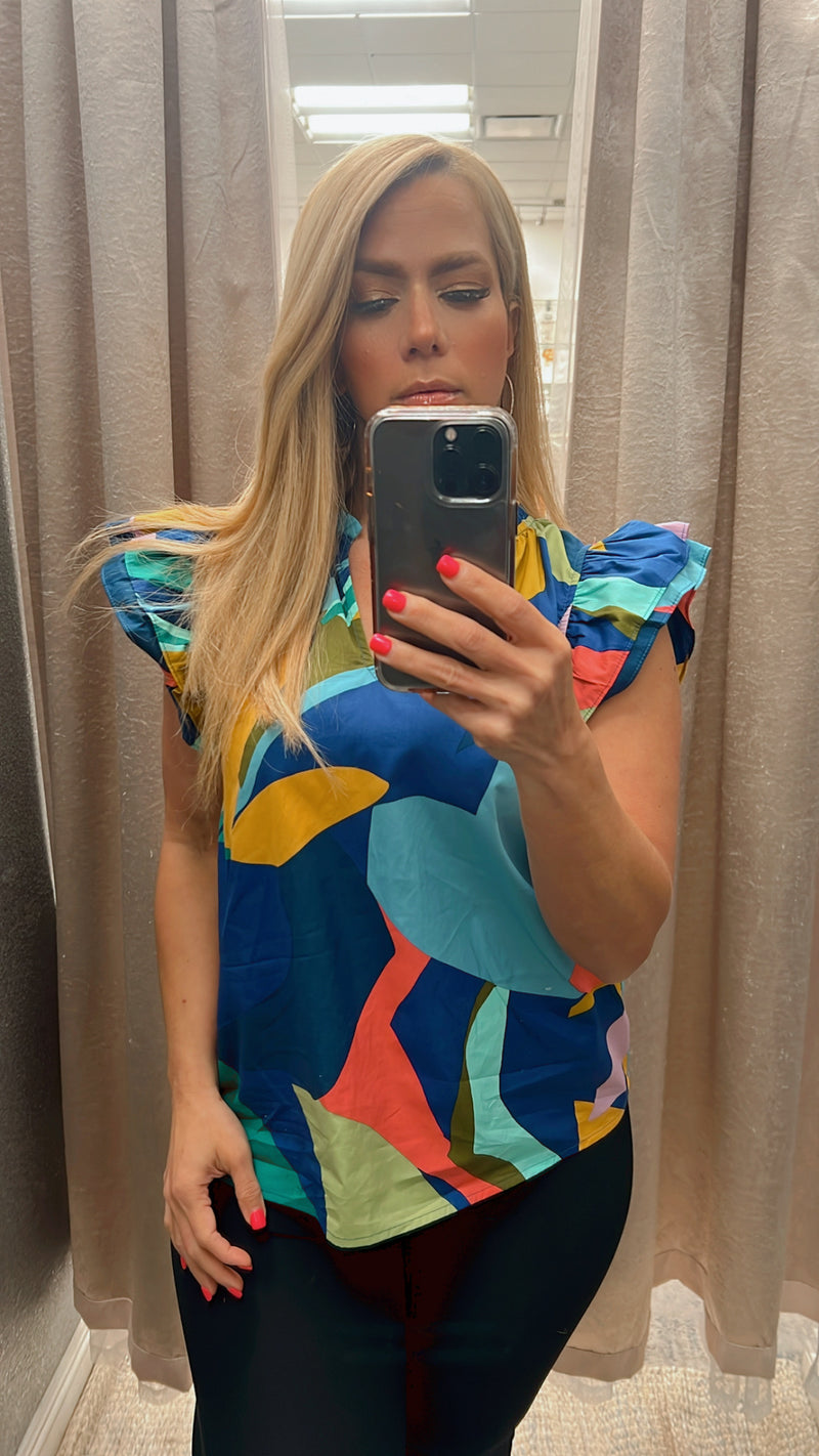 Abstract navy-yellow multicolor top