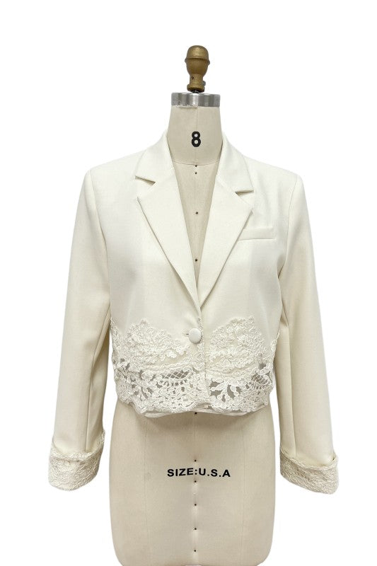 Cropped Blazer With Lace Trim
