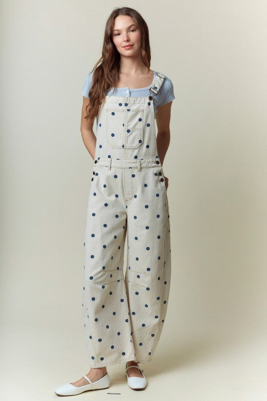 Polka Dot Printed Denim Barrel Overall Jumpsuit (Pre order)