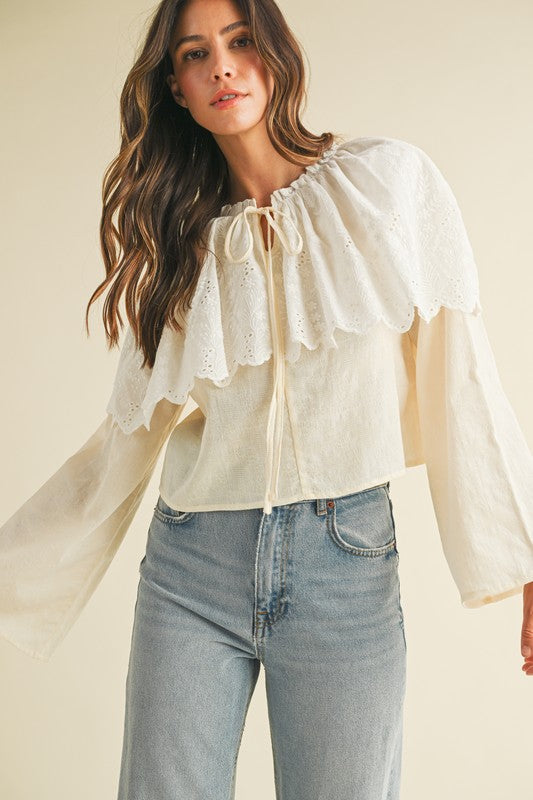 Scallop Edge Eyelet Cape Bell Sleeve Blouse(Pre order)