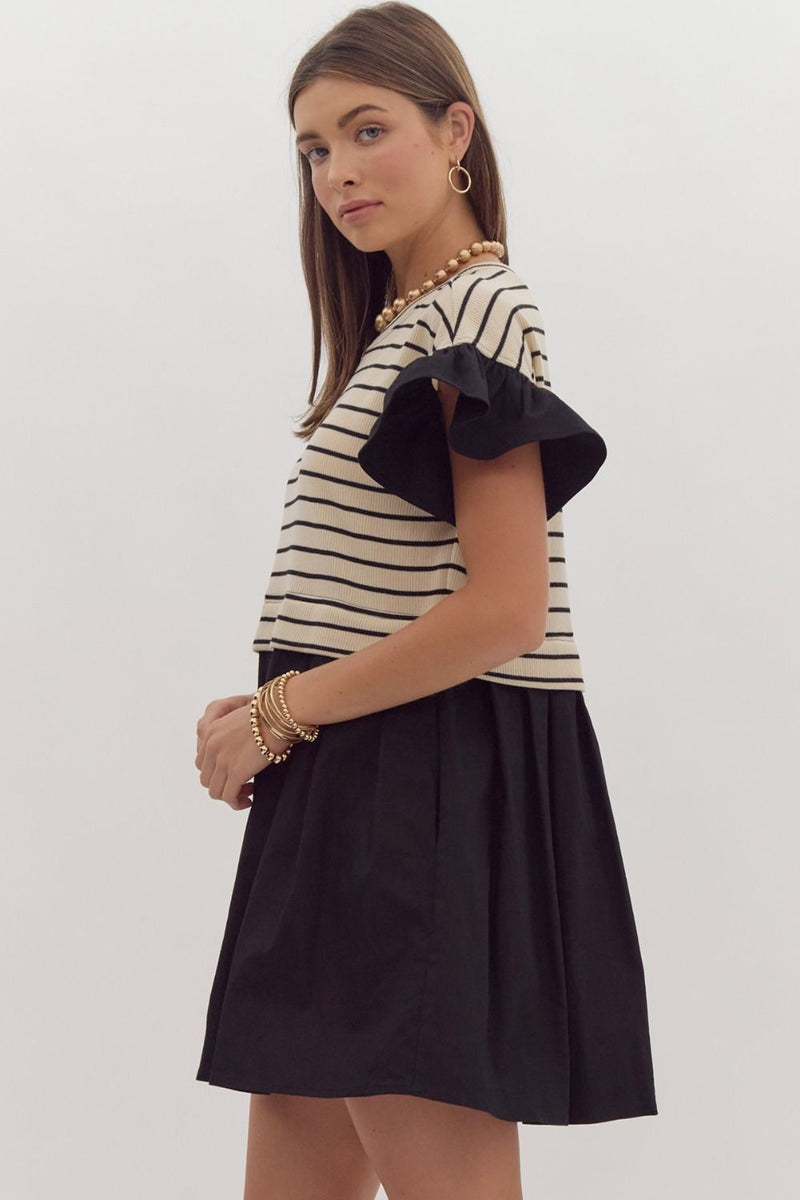 Stripes sweater black denim skirt dress