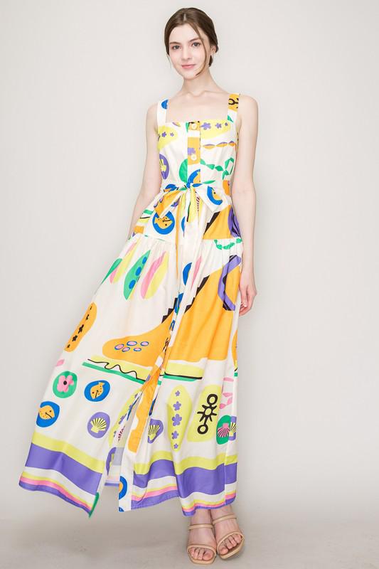 Multicolor Print Maxi Dress with Waist Tie