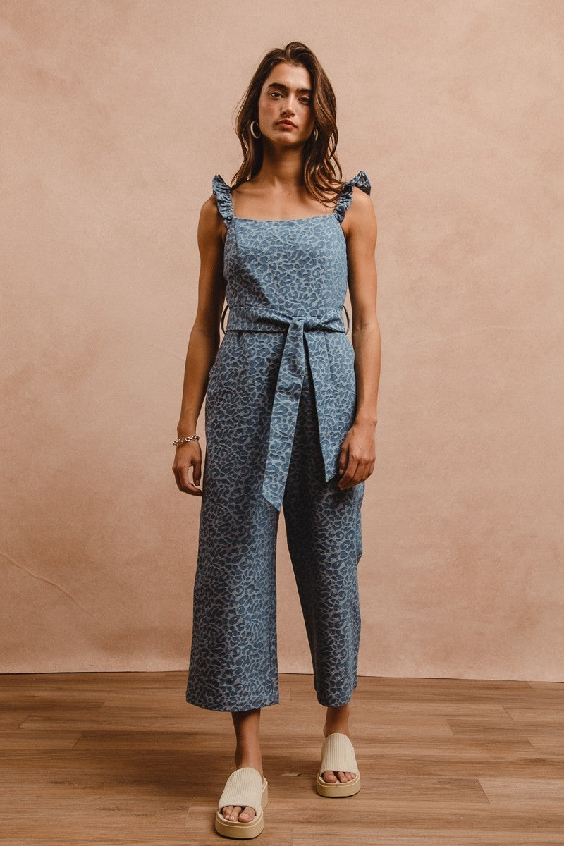 Denim Leopard Prints Scallops Edge Strap Overall