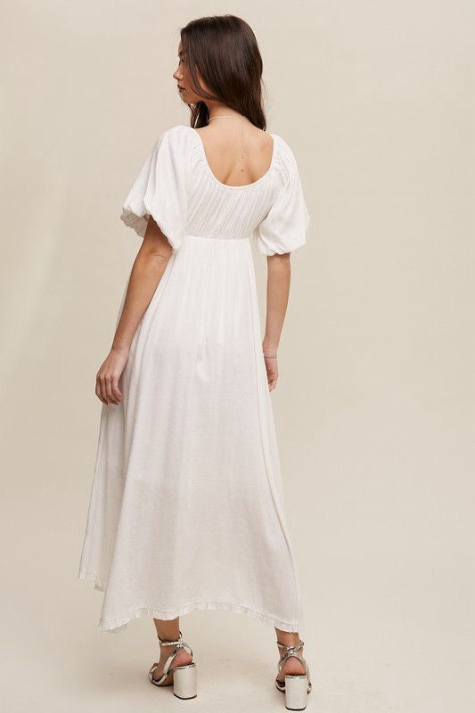 White Puff Sleeve Maxi Dress with Bow Detail (Preorder)