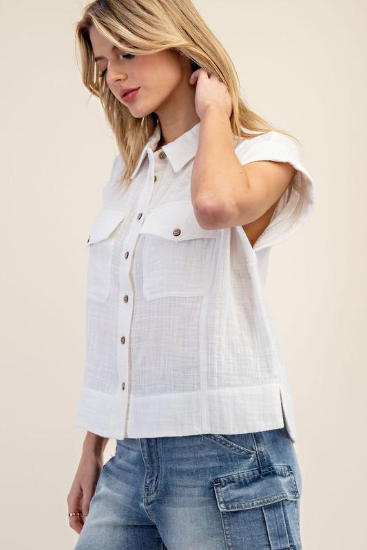 Cotton Gauze Cap Sleeve Blouse Top