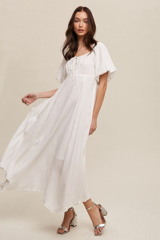 White Puff Sleeve Maxi Dress with Bow Detail (Preorder)