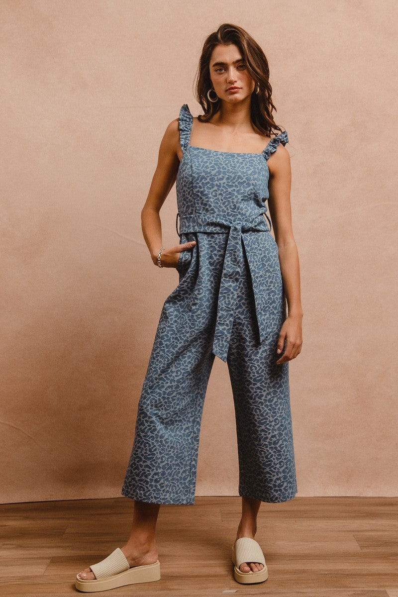 Denim Leopard Prints Scallops Edge Strap Overall
