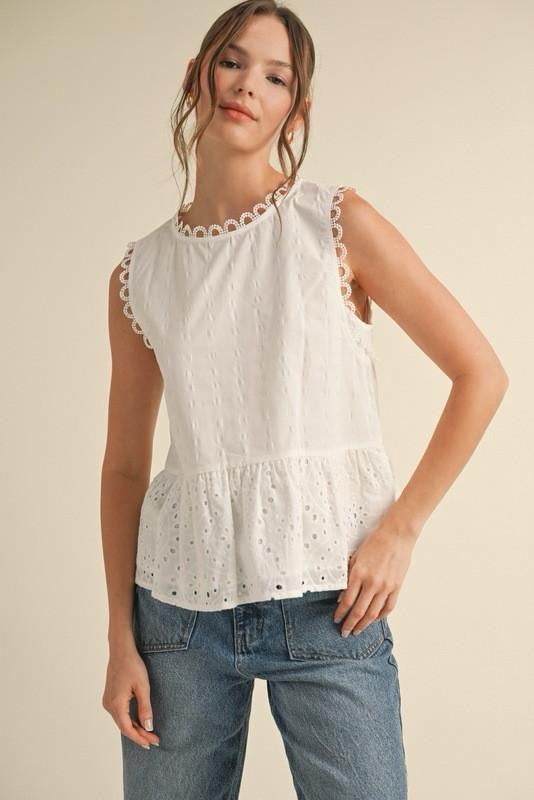 Eyelet Peplum Sleeveless Top (Preorder)