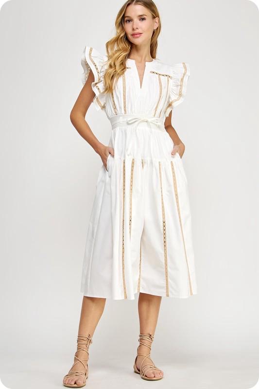 White Golden Lace Ruffle Dress (Preorder)