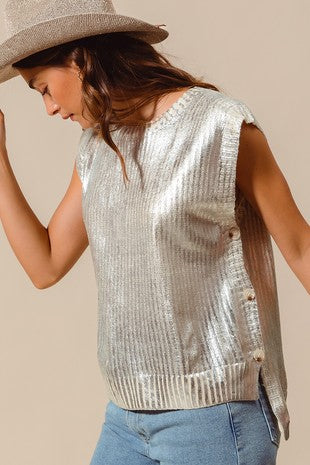 Shimmer Silver  Knit Sleeveless Top