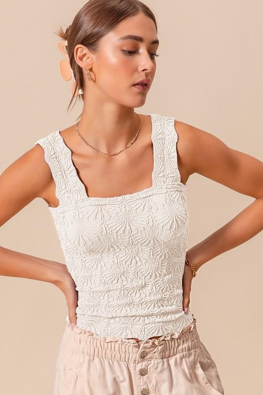 WHITE FLORAL JACQUARD SEAMLESS TANK TOP