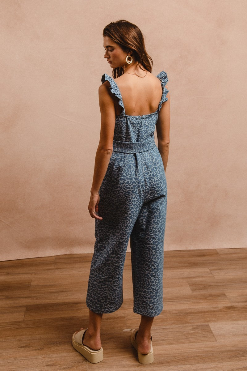 Denim Leopard Prints Scallops Edge Strap Overall