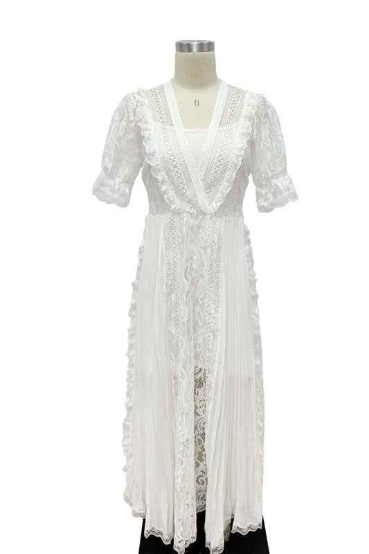 Victorian White V Neck Lace Maxi Dress