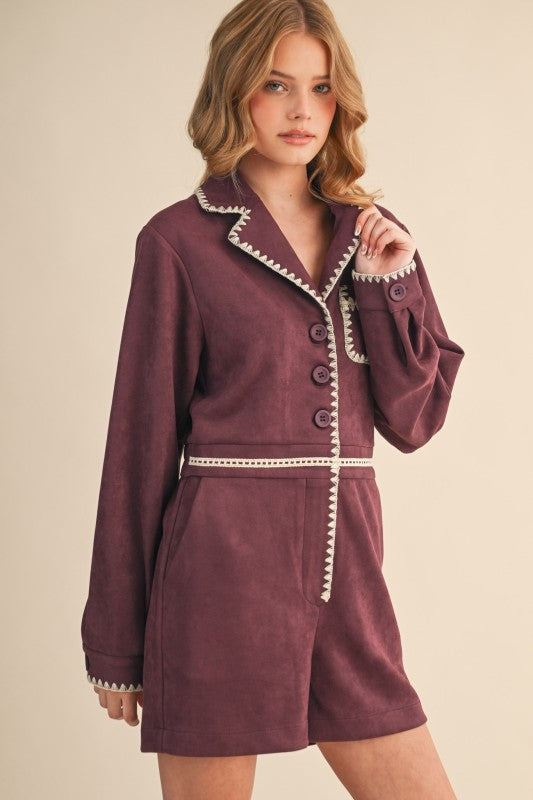 Suede Long Sleeve Button Down Romper(Pre order)