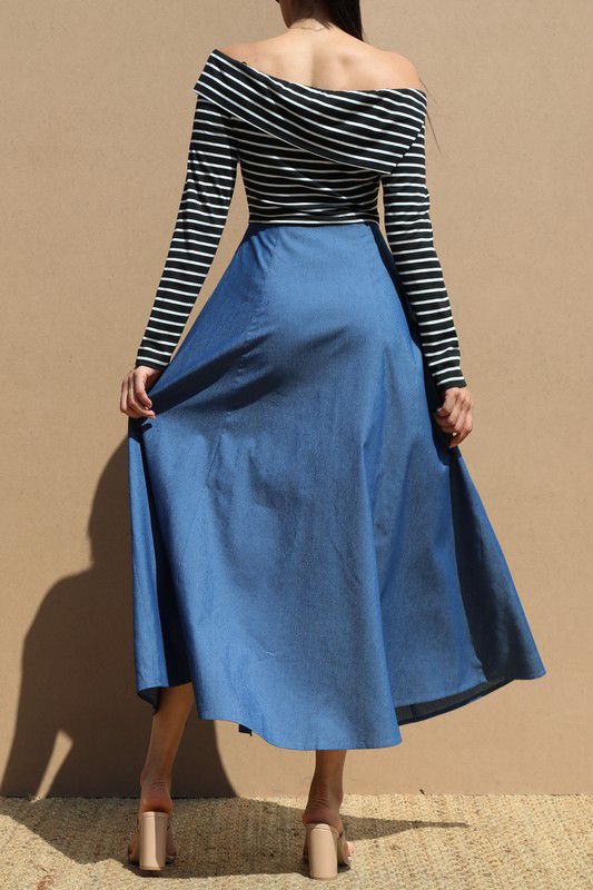 Striped Off-Shoulder Denim Maxi Dress