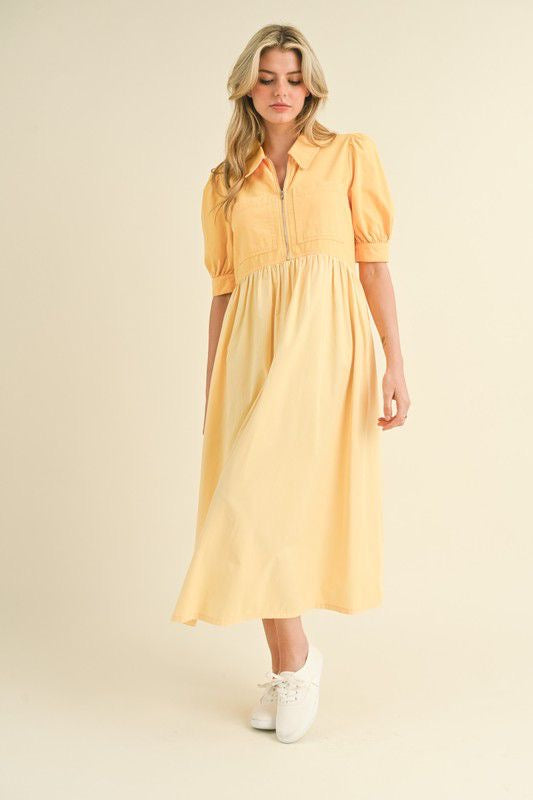 Denim Yellow Zip Up Midi Dress