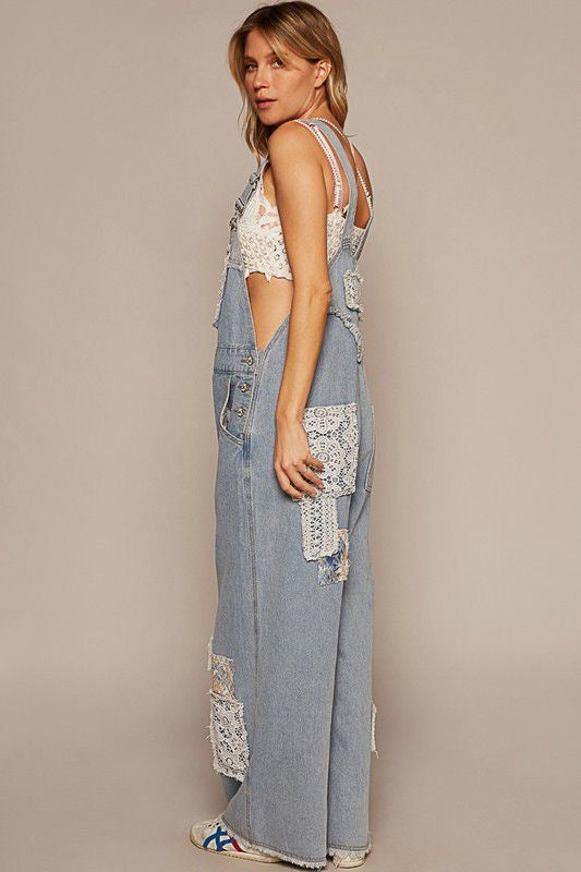 Boho Overall Jumpsuit With Lace Detail Denim