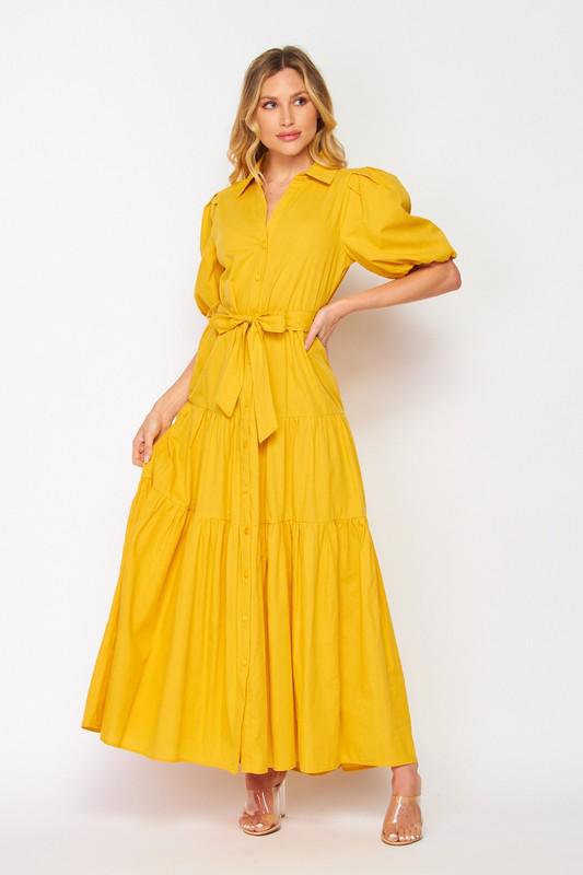 Mustard Puff Sleeve Maxi Dress