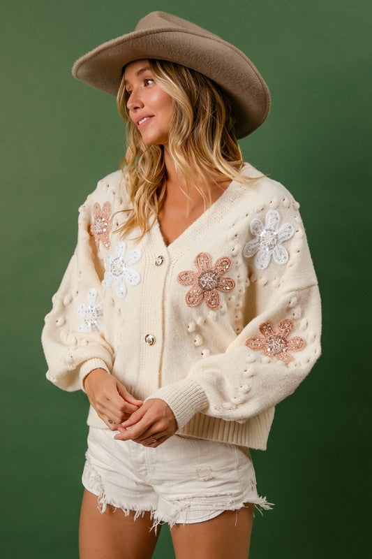 JEWELED FLOWER PATCHED BUTTONED CARDIGAN