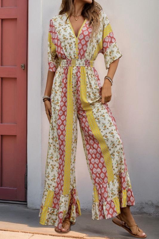 Boho-Style Floral Print High-Waisted Belted Wide-Legged Jumpsuit