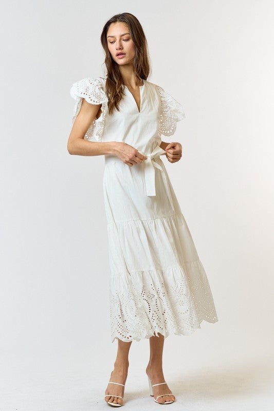 V neck eyelet white dress