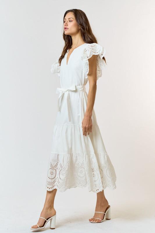 Embroidered Flutter Sleeve Belted Dress