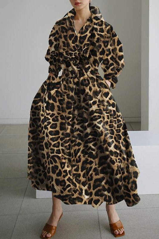 Leopard Print Smocked Maxi Dress