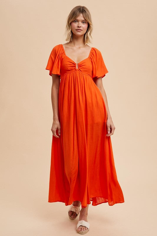 Linen orange red flutter sleeve dress