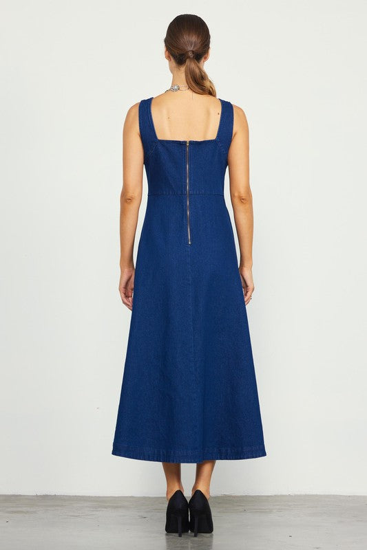 Square neck dark denim maxi dress