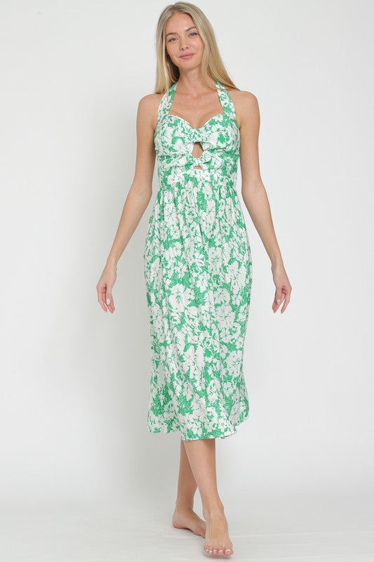 Halter green/white midi dress