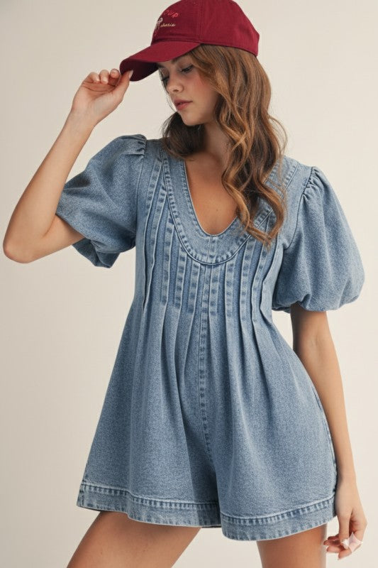 Washed Puff Sleeve Vintage Denim Romper (Pre order)
