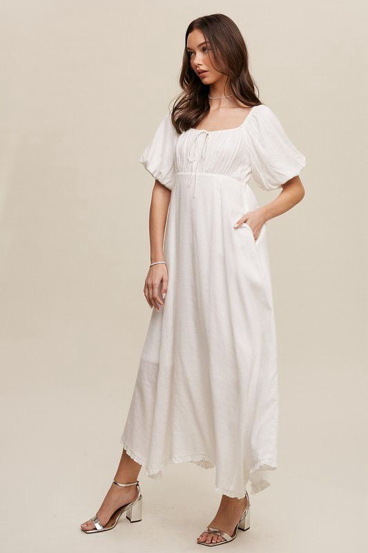 White Puff Sleeve Maxi Dress with Bow Detail (Preorder)