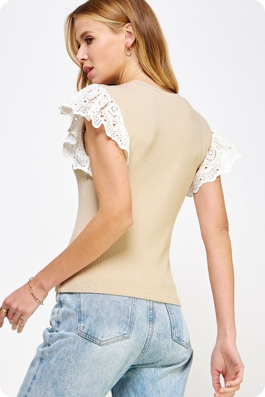 Taupe embroidery sleeves knit top