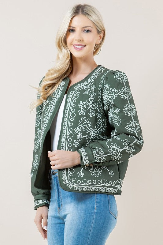 Floral print olive green jacket