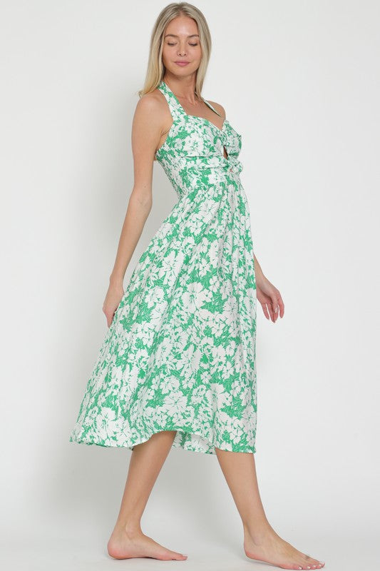 Halter green/white midi dress