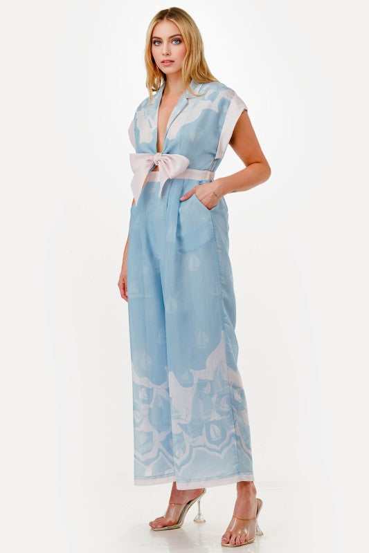 Light Blue Print Wide Leg Print Jumpsuit(Pre order)