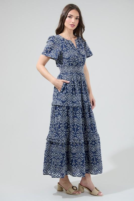 Navy Embroidered Midi Dress