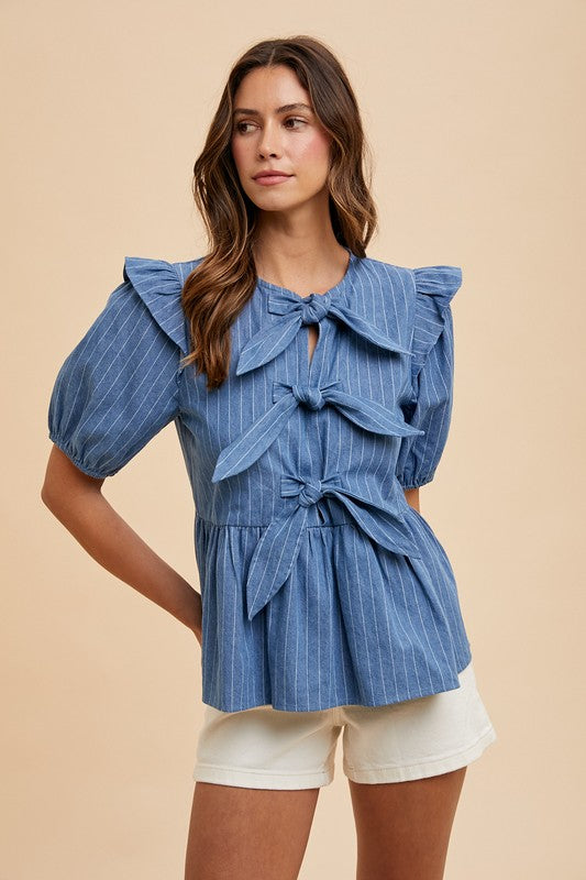 Stripe Front Bow Denim Peplum Blouse(Pre order)