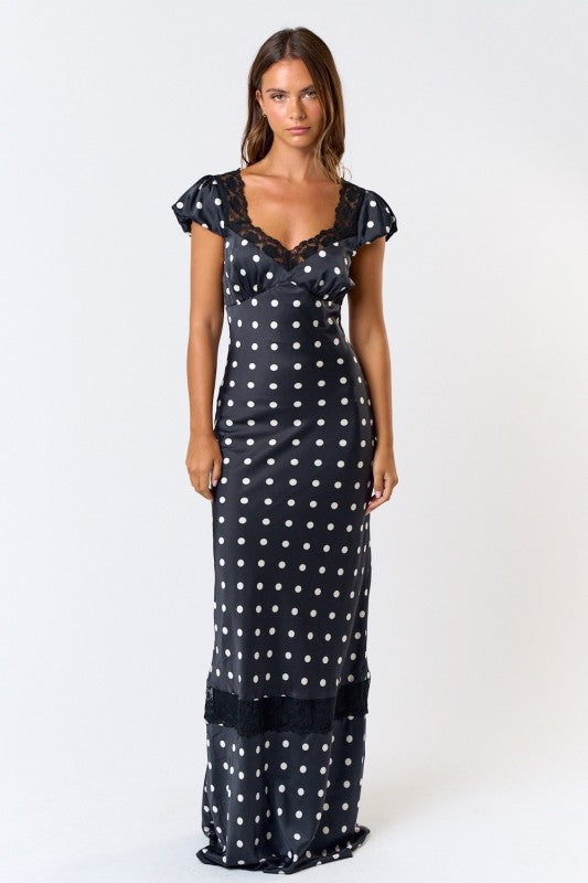 Polka Dot Satin Lacy Maxi Dress(Pre order)
