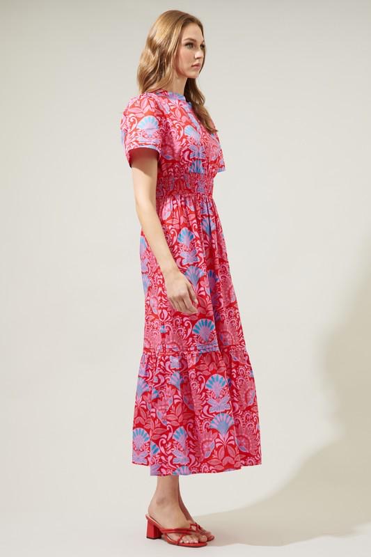 Red, Pink & Blue Print Midi Dress