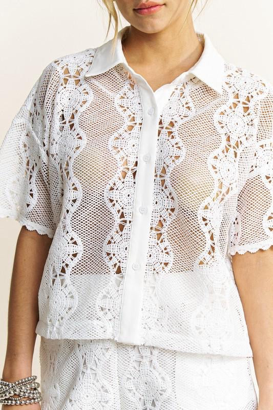 CROCHET LACE BUTTONDOWN SHIRT AND SHORTS SET (Preorder)